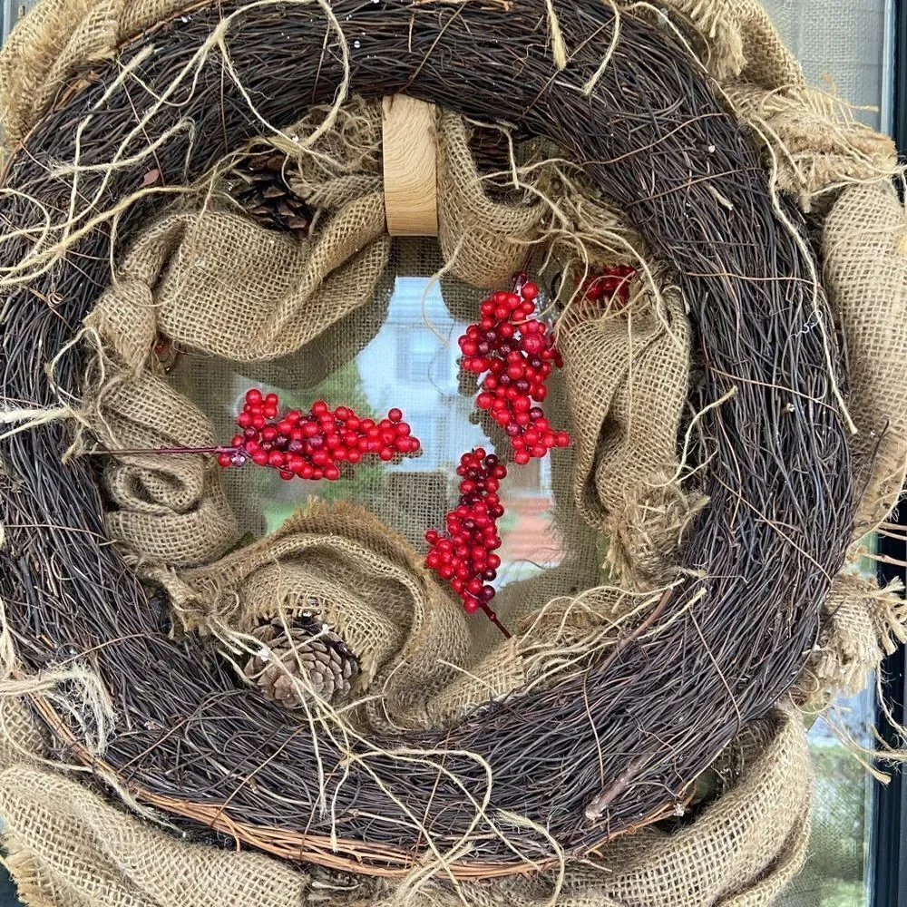 Woodland Christmas Wreath with Pinecones Burlap Twine Faux Berries FARMHOUSE 20”